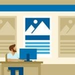 A person sitting on a chair with computer and three window on the back