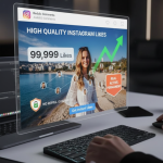 “High Quality Instagram Likes No Refill promotional graphic with vibrant gradient background and a crystal heart like icon.